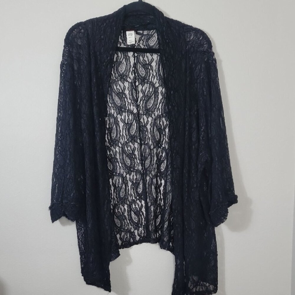 Vintage Sheer Lace Kimono Open Cardigan One Size Black Paisley Whimsigoth Y2K